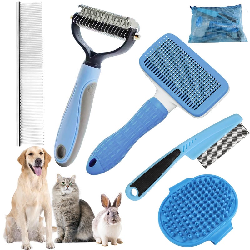 KUEIOX Dog Brush for Shedding,6 PCS in One Pet Slicker Hair Brush Kit Organizer Bag - Dog Cat Grooming Deshedding Undercoat Rake Brush Comb for All Small Large Dogs Cats Blue - Image 1